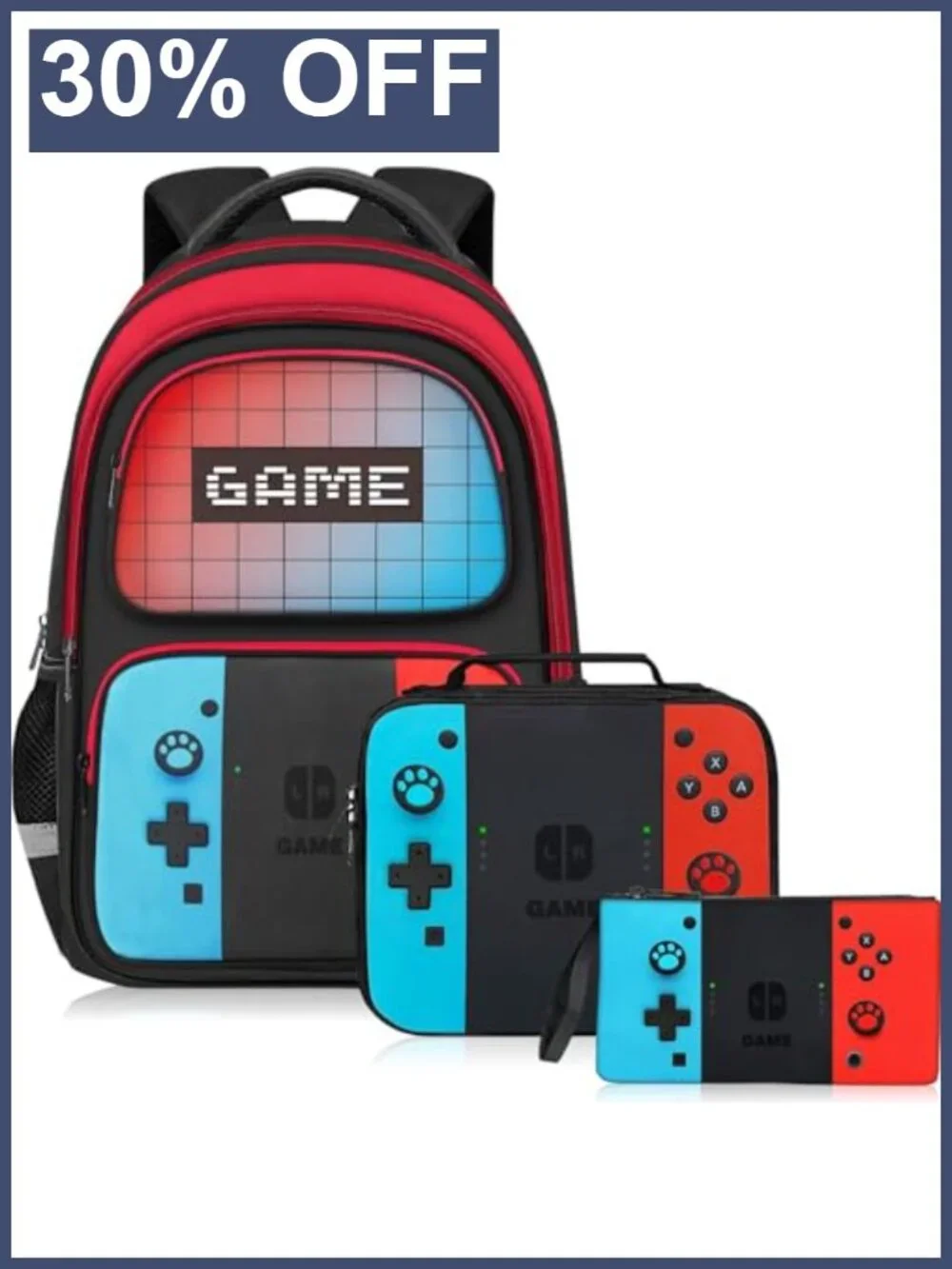 Boys School Backpack Set - Kids Gamer Bookbag with Lunch Box and Pencil Case,